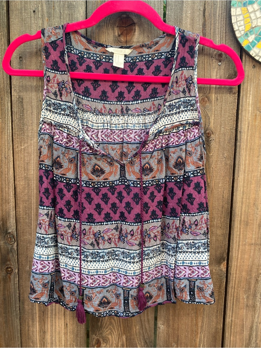 Forever 21 Plum Patterned Boho Camisole with Tassels